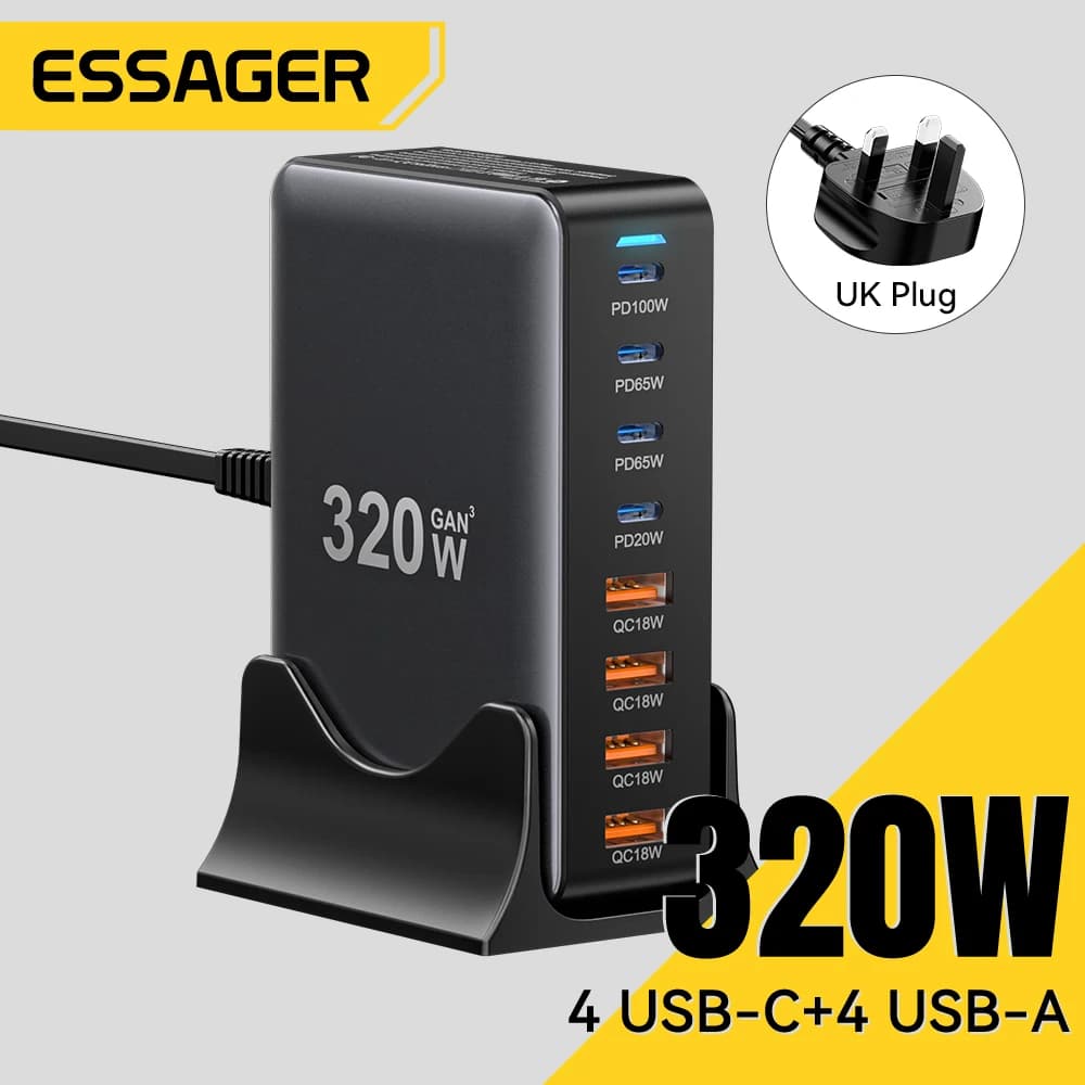 Essager 320w gan carregador 8 portas usb tipo c estação de carregamento desktop pd 100w carregamento rápido para iphone 16 15 14 ipad macbook portátil