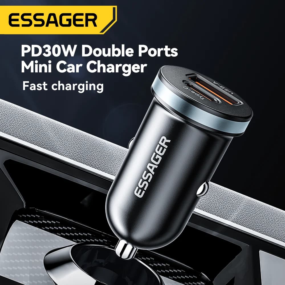 Essager Carregador de Carro USB-C 30W PD/QC 3.0 - 5A