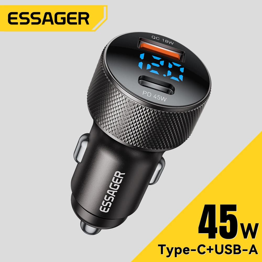 Essager Carregador de Carro USB-C 45W 2 Portas PD3.0 QC3.0