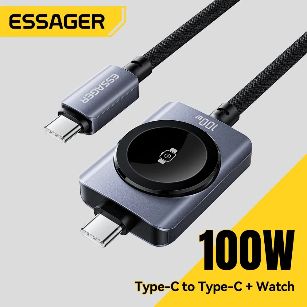 Cabo de Carregamento 2 em 1 Essager para iPhone 17 16 Huawei Xiaomi, Carregador Rápido para Apple Watch, Cabo de Carregamento Rápido de 100W
