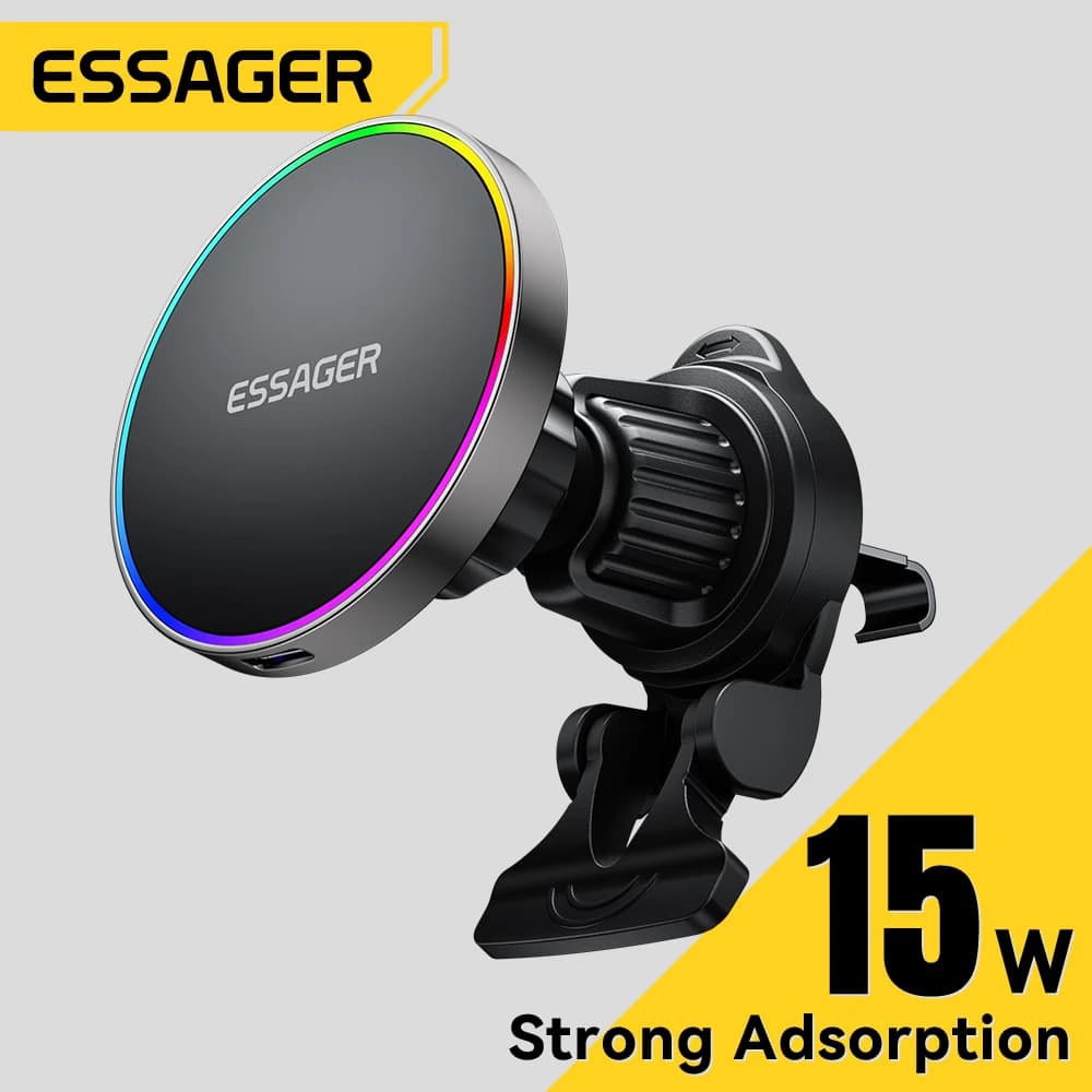 Carregador Sem Fio Magnético Essager para Carro 15W Qi com Luz RGB, Suporte para Telefone MagSafe, Carregamento Rápido para iPhone 17, Huawei, Xiaomi