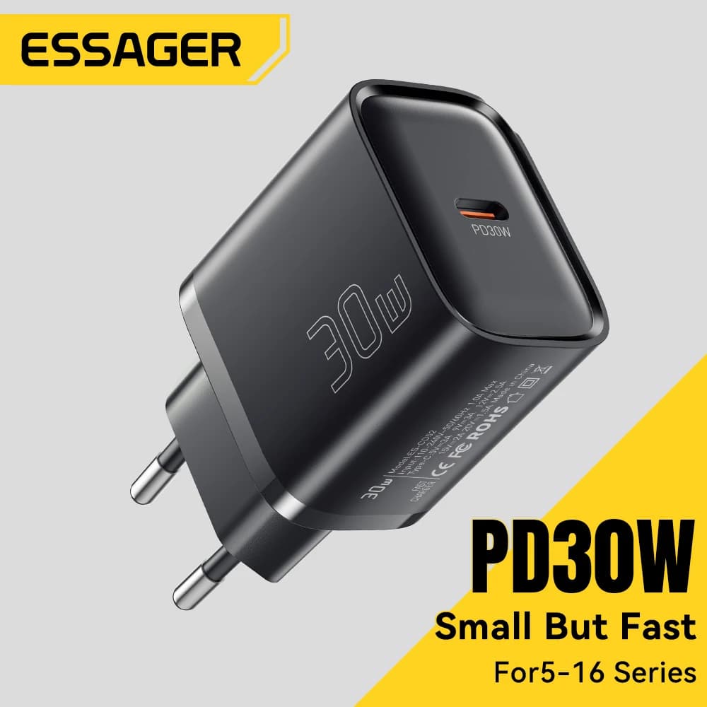 Essager Carregador Mini 30W USB-C PD QC3.0 – Rápido e Compacto