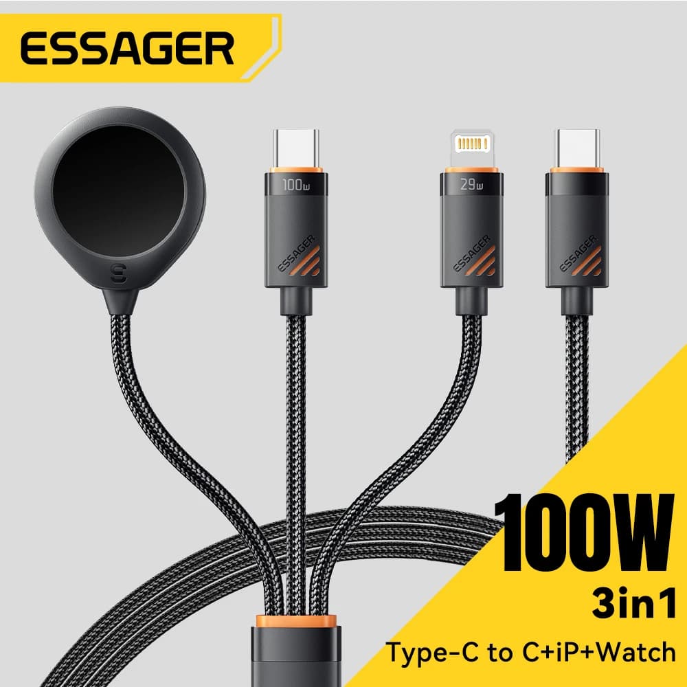 Essager Cabo 100W 3 em 1 USB-C para iPhone e Apple Watch