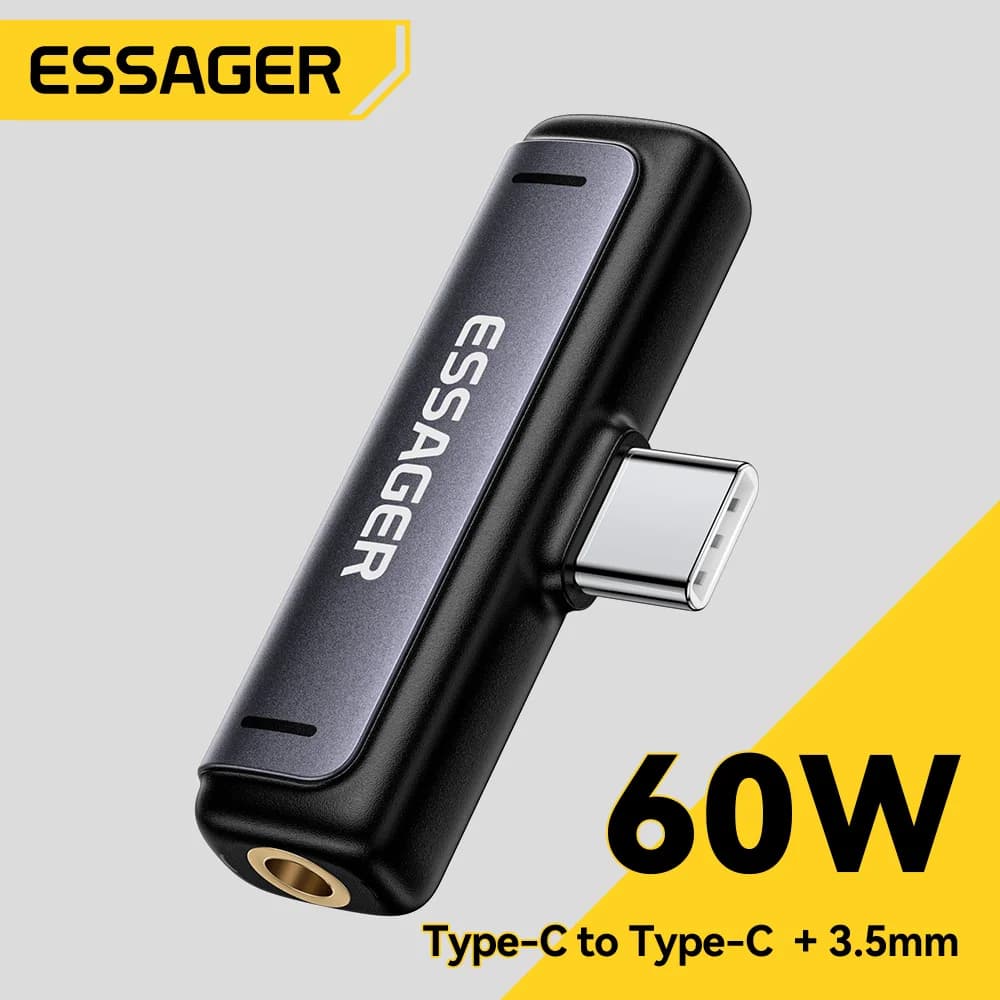 Adaptador Essager 2 em 1 USB Tipo C para Jack de 3,5 MM, Adaptador de 60W Tipo-C, Conversor de Áudio Auxiliar para MacBook, iPhone, Xiaomi